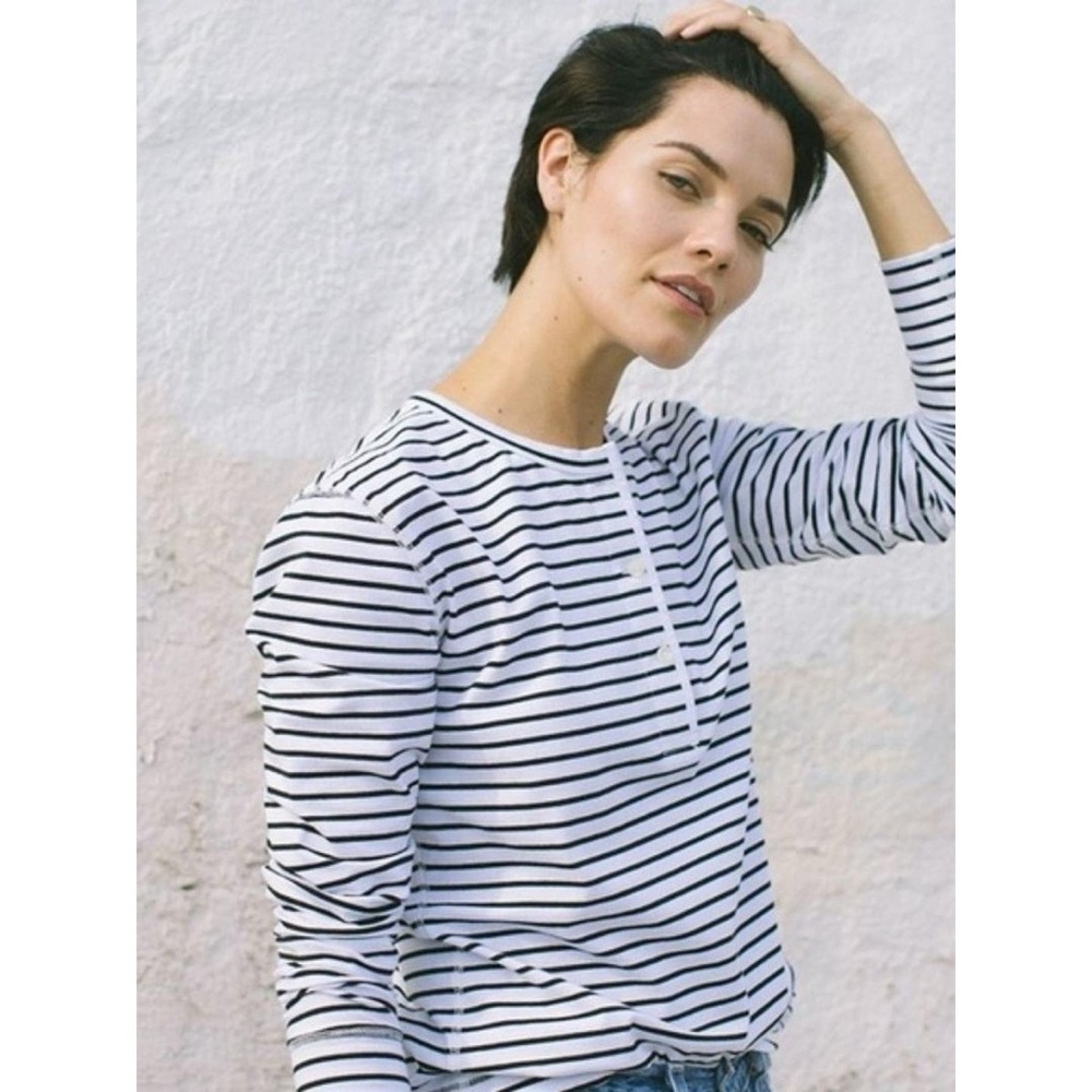Striped Long-Sleeve Sawyer Henley Top in White and Black Stripe